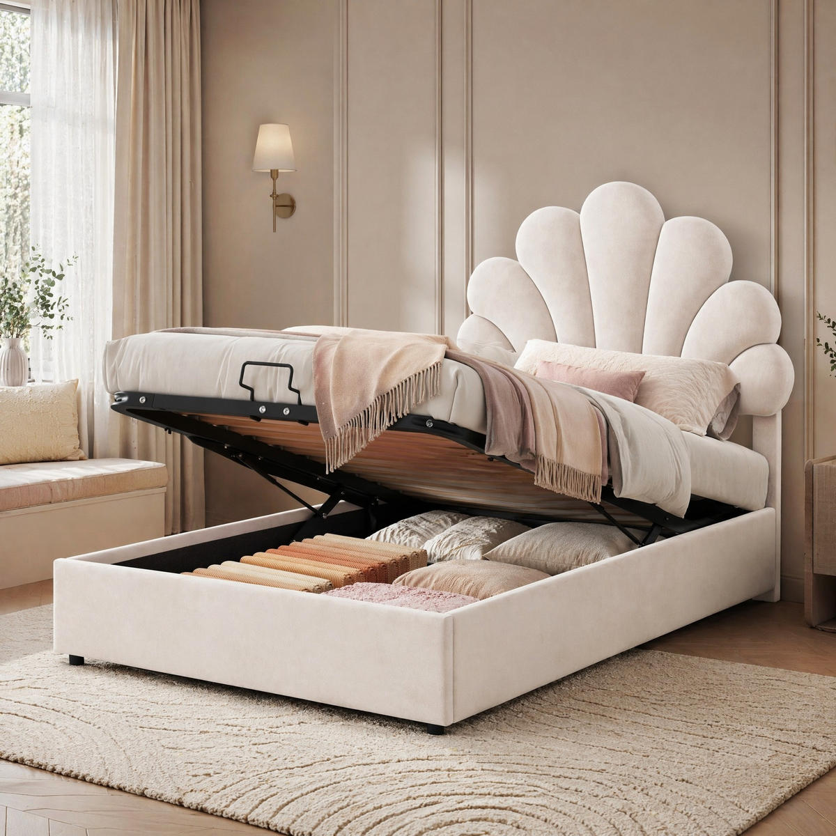 POLSTERBETT 90/200 cm aus Samt mit Stauraum, Beige - Beige, Textil (90/200cm) - OKMYHOME
