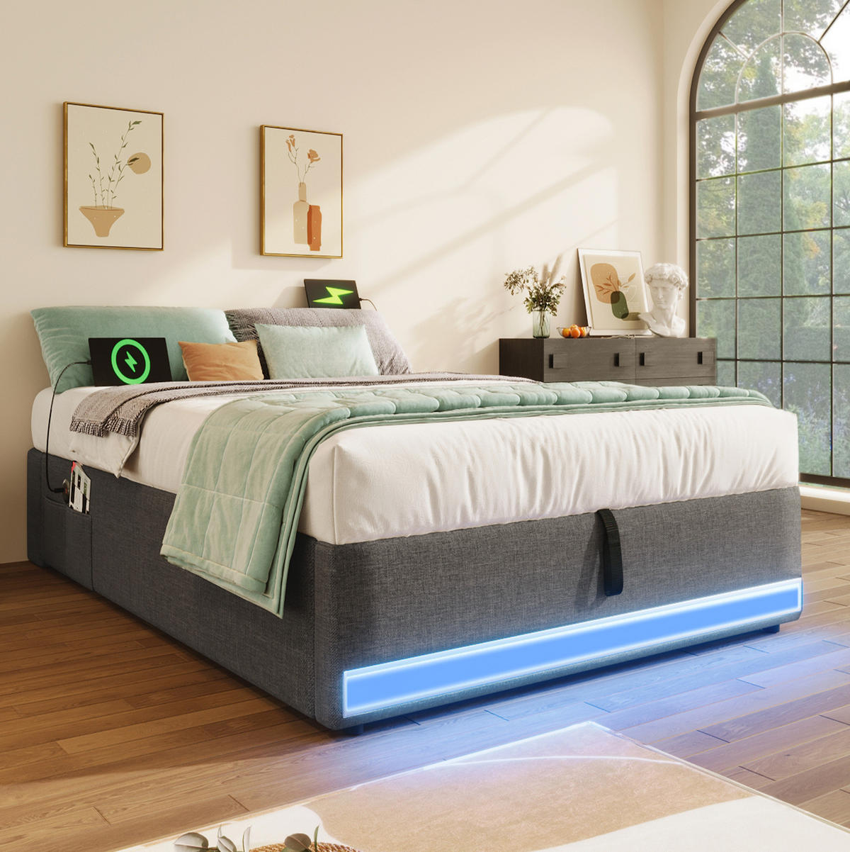 POLSTERBETT 90/200 cm Grau mit LED-Beleuchtung, Stauraum und USB-Anschlüssen - Grau, Textil (90/200cm) - Flora Grace