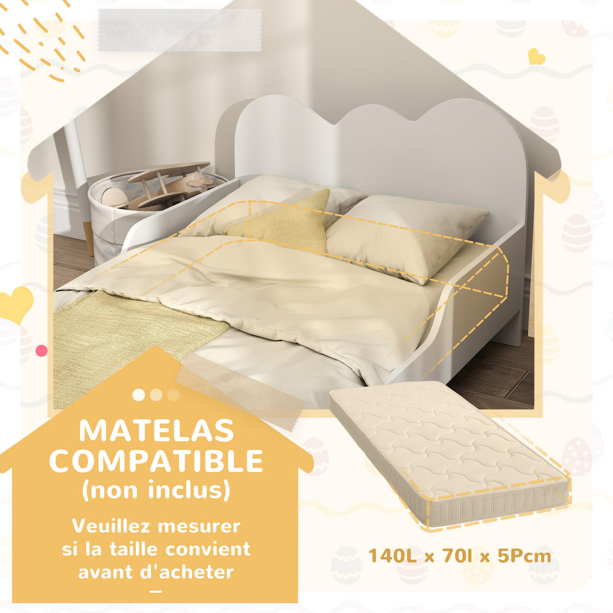 KINDERBETT 70x140 cm DE-14579 mit Sicherheitsbarriere & Wolken-Dekor Weiß - Weiß, Holzwerkstoff (70/140cm) - ComfortXL