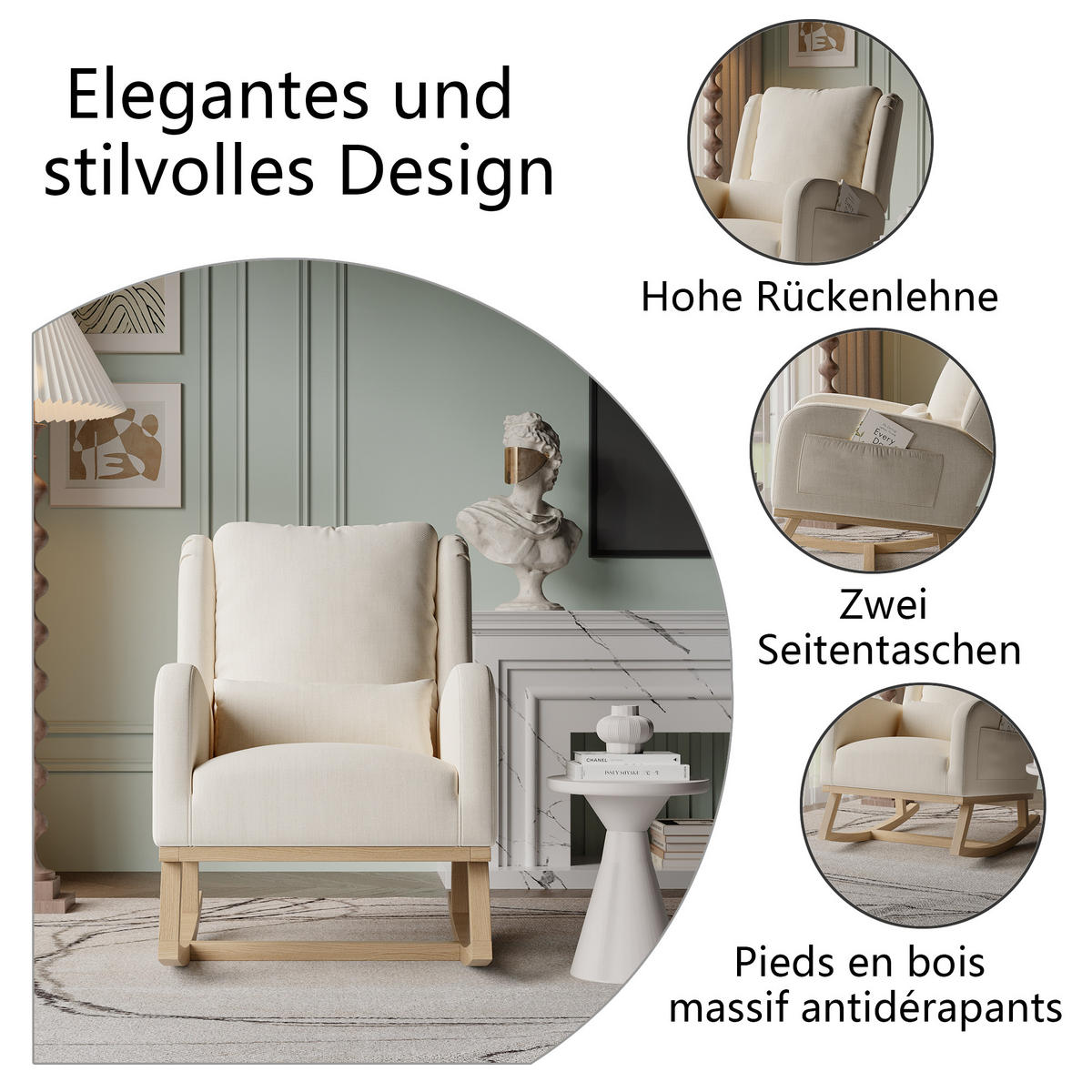 SCHAUKELSTUHL mit Massivholzrahmen, 2 Seitentaschen, Relaxsessel, Weiß - Beige, Holz (53/96/93cm)