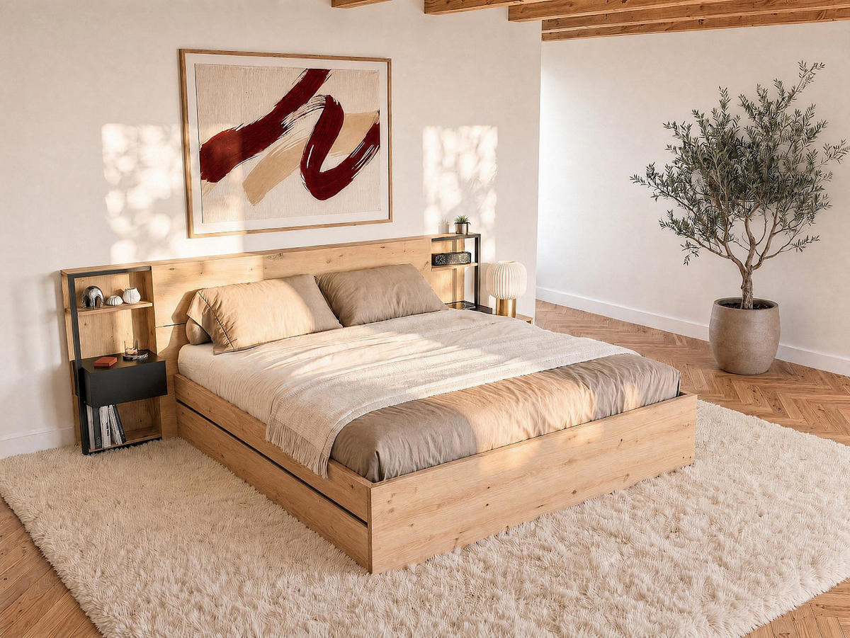 BETT mit Bettkasten - 2 Personen - holz - schwarz, naturfarben hell Ludaro - Schwarz/Naturfarben, Holz (160/200cm) - Vente-Unique