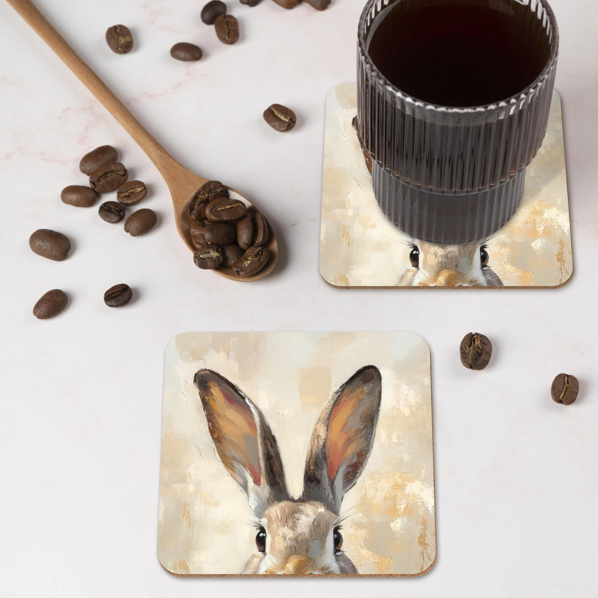 GLASUNTERSETZER 6er-Set Hase - Ohren - Braun 10x10 cm - Beige, Naturmaterialien (10/0.2cm) - MuchoWow