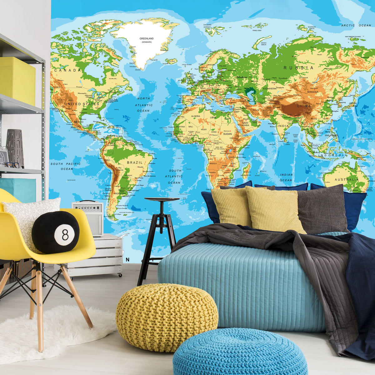 FOTOTAPETE für Wohnzimmer Physische Weltkarte Schriften 150x105 - Blau/Gelb, Papier (150/105cm) - Muralo