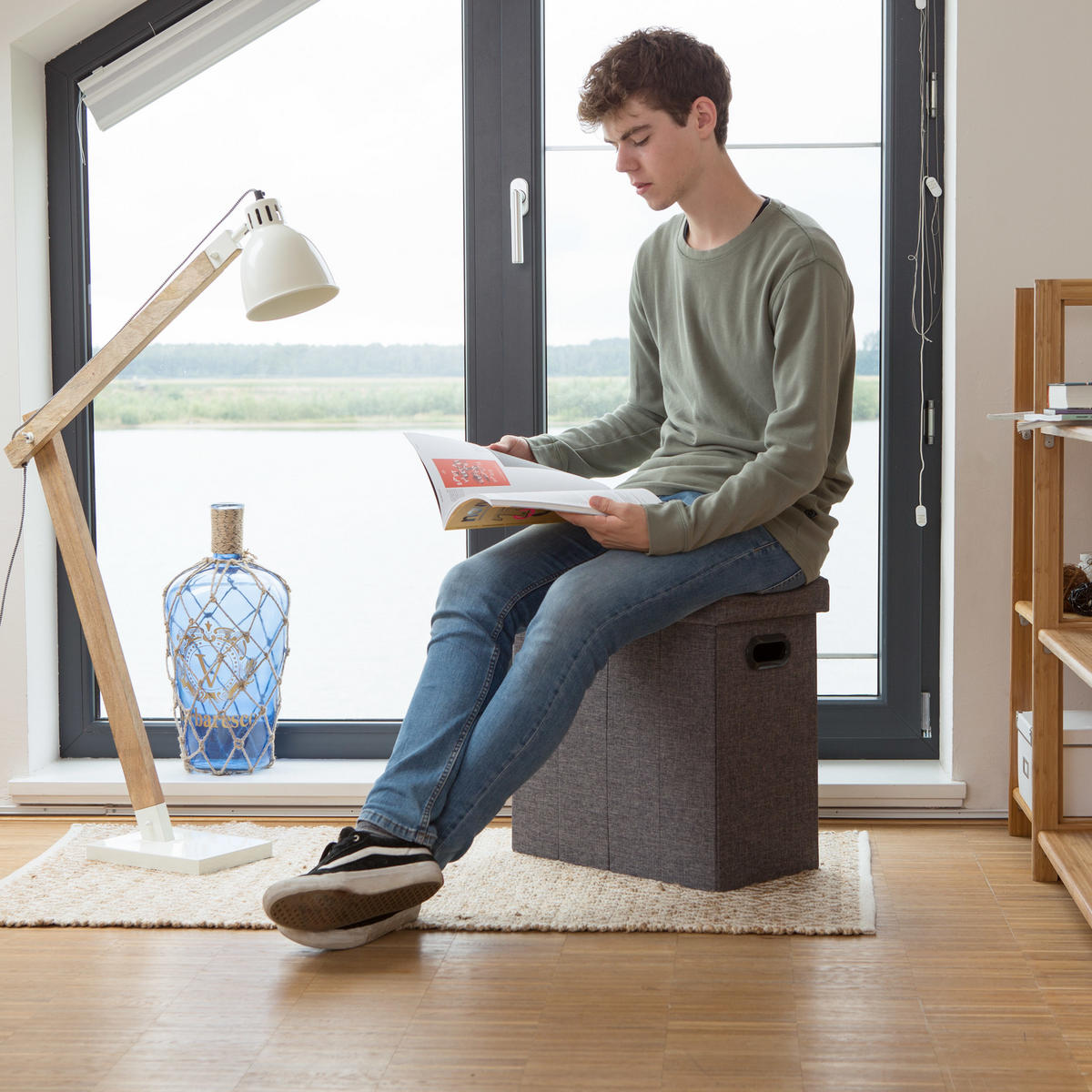 SITZHOCKER - Anthrazit, Holzwerkstoff/Textil (46/25.5/49.5cm) - Relaxdays