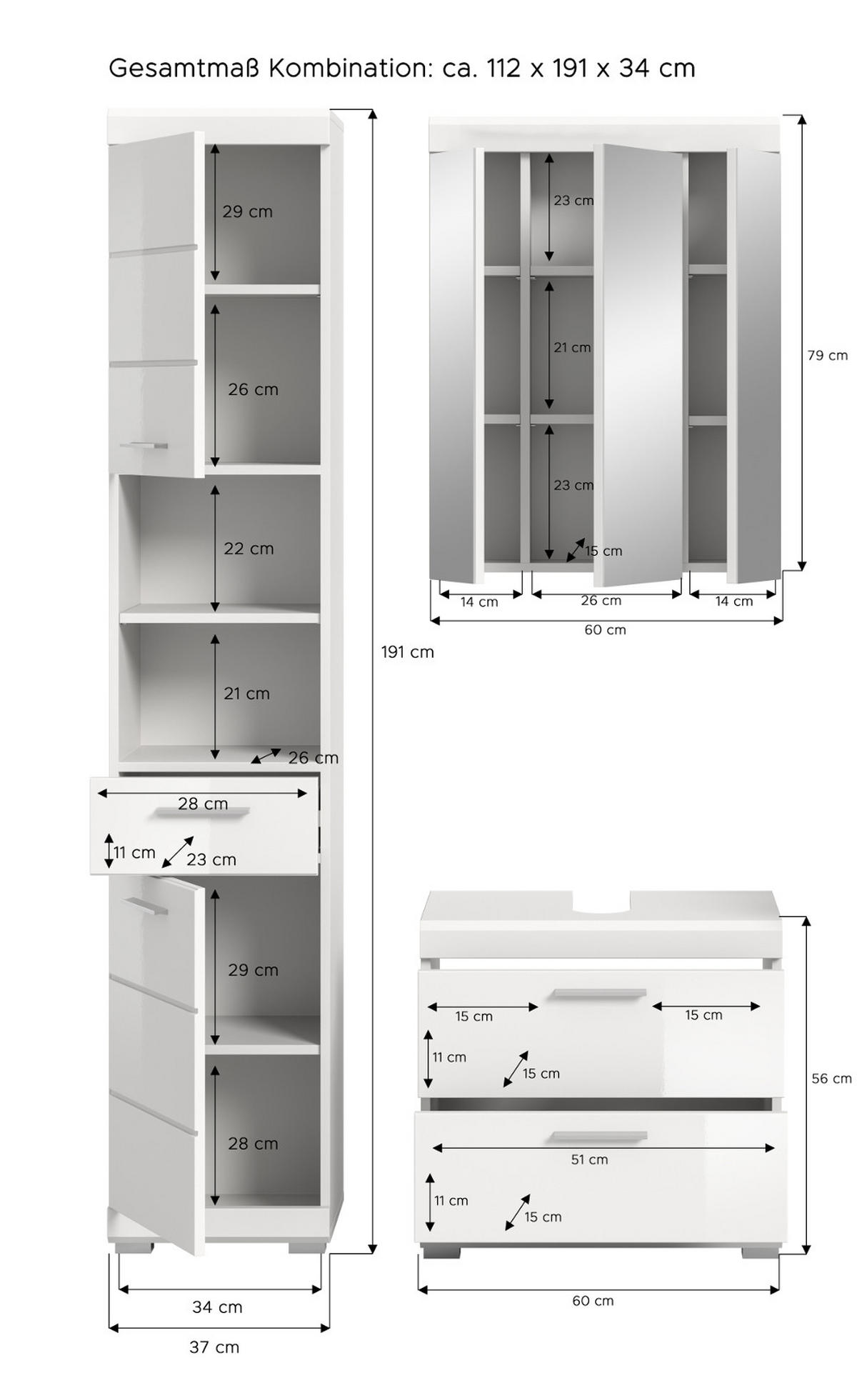 BADMÖBEL-SET weiß Hochglanz 3-teilig 112 cm, Komplettset mit viel Stauraum - Weiß Hochglanz, Glas/Holzwerkstoff (112/191/37cm) - Inn.Furn