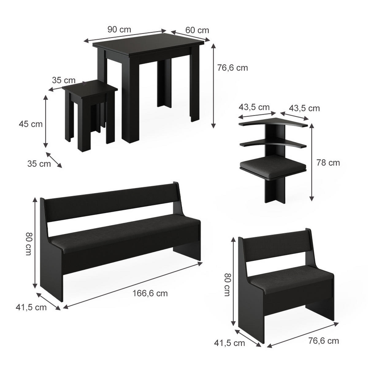 ECKBANKGRUPPE Roman Schwarz 120 x 41.5 cm mit Tisch - Silberfarben/Schwarz, Holzwerkstoff (210/80/120cm) - Vicco