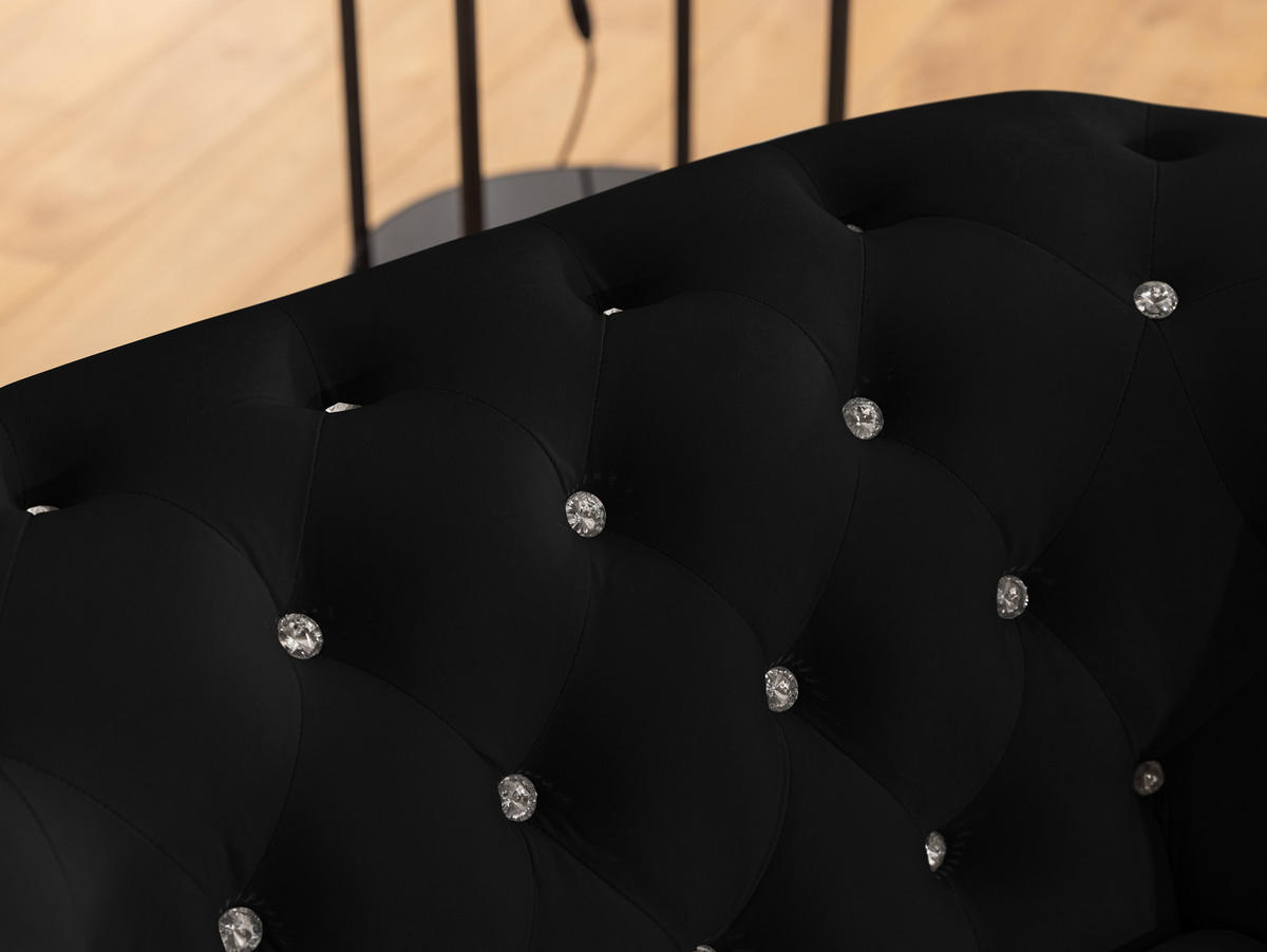 ECKSOFA mit Schlaffunktion Chesterfield Schwarz Samt mit Kristallsteppung und braunen Massivholzfüßen - Ottomane Links - Schwarz/Braun, Holz/Textil (264/210cm) - S-Style Möbel