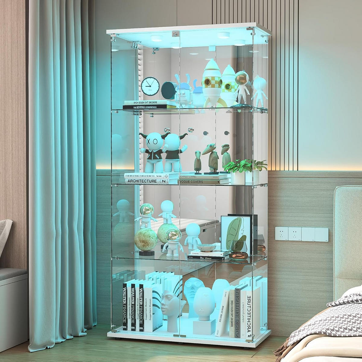 GLASVITRINE LED Vitrinenschrank Weiß mit 2 Tür 4 Etagen mit Schloss und Spiegeleffekt - Weiß, Glas (36.49/163.9/80.49cm) - BPKADHY