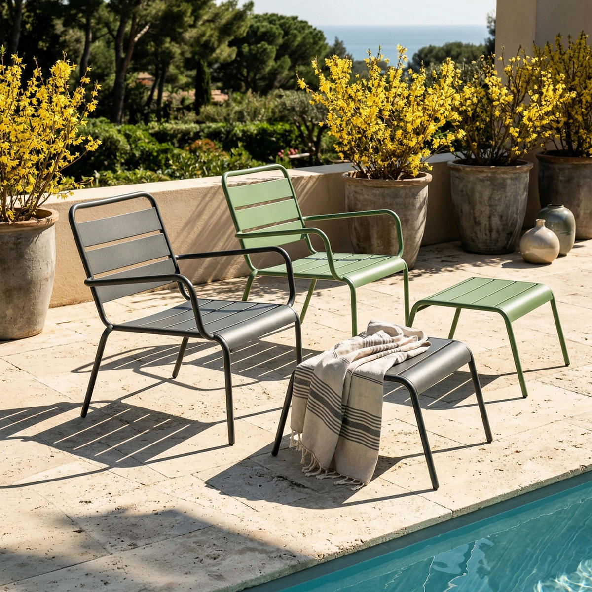 RELAXSESSEL MIT HOCKER 2-tlg., Grau/Kaktusgrünen - Grün, Metall (64/72/60cm) - Oviala