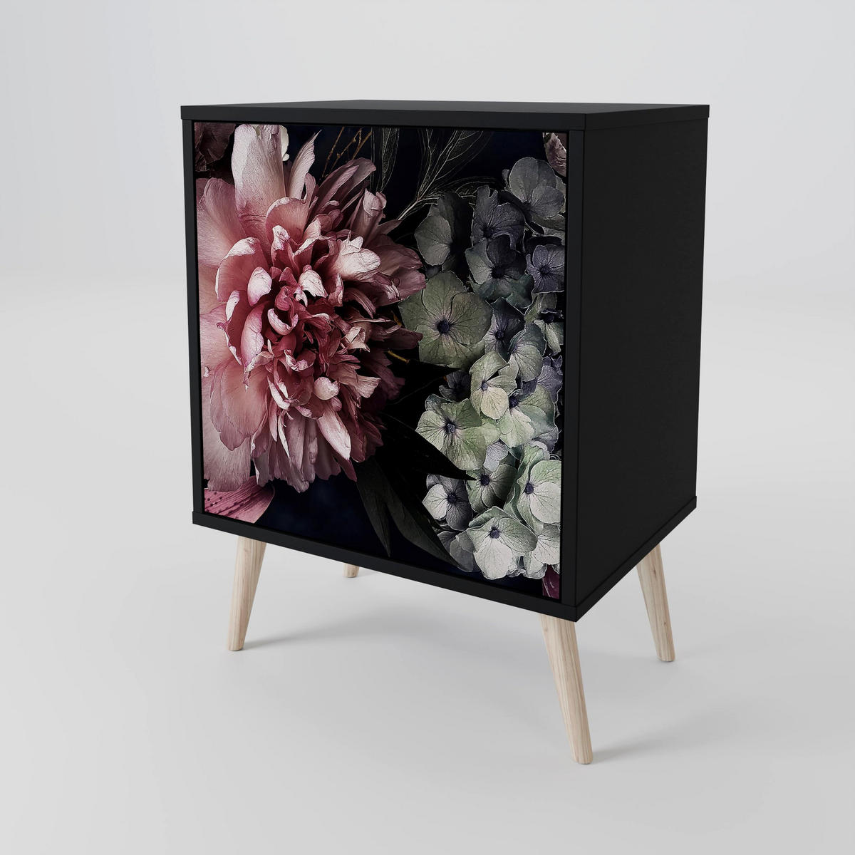 SIDEBOARD PURE BLOSSOM, Schwarz, 57,5x42x67,5 cm, Schwarze Metall-Rahmenfüße - Multicolor/Schwarz, Holzwerkstoff/Metall (57.5/67.5/42cm) - SpaceRebels