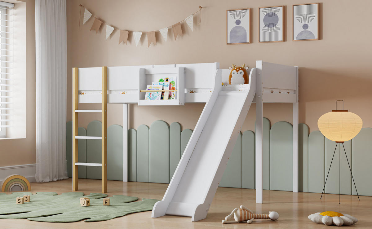 HOCHBETT 90/200 cm aus Kiefer und MDF mit Rutsche und abnehmbarem Regal Weiß/Natur - Weiß, Holz (90/200cm) - Modenvie