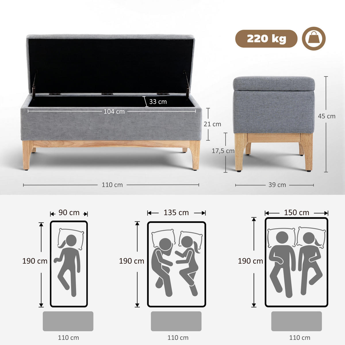 TRUHENBANK DE-16445 skandinavisch mit abnehmbarem Deckel Grau - Grau, Textil (110/45/39cm) - ComfortXL