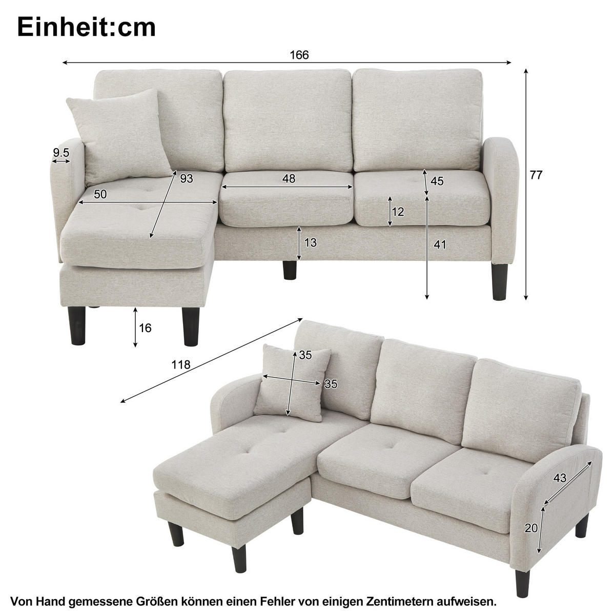 ECKSOFA mit Chaiselongue 166 x 118 x 77 cm Beige Gray+White - Beige, Holz (118/166cm) - Meubliv