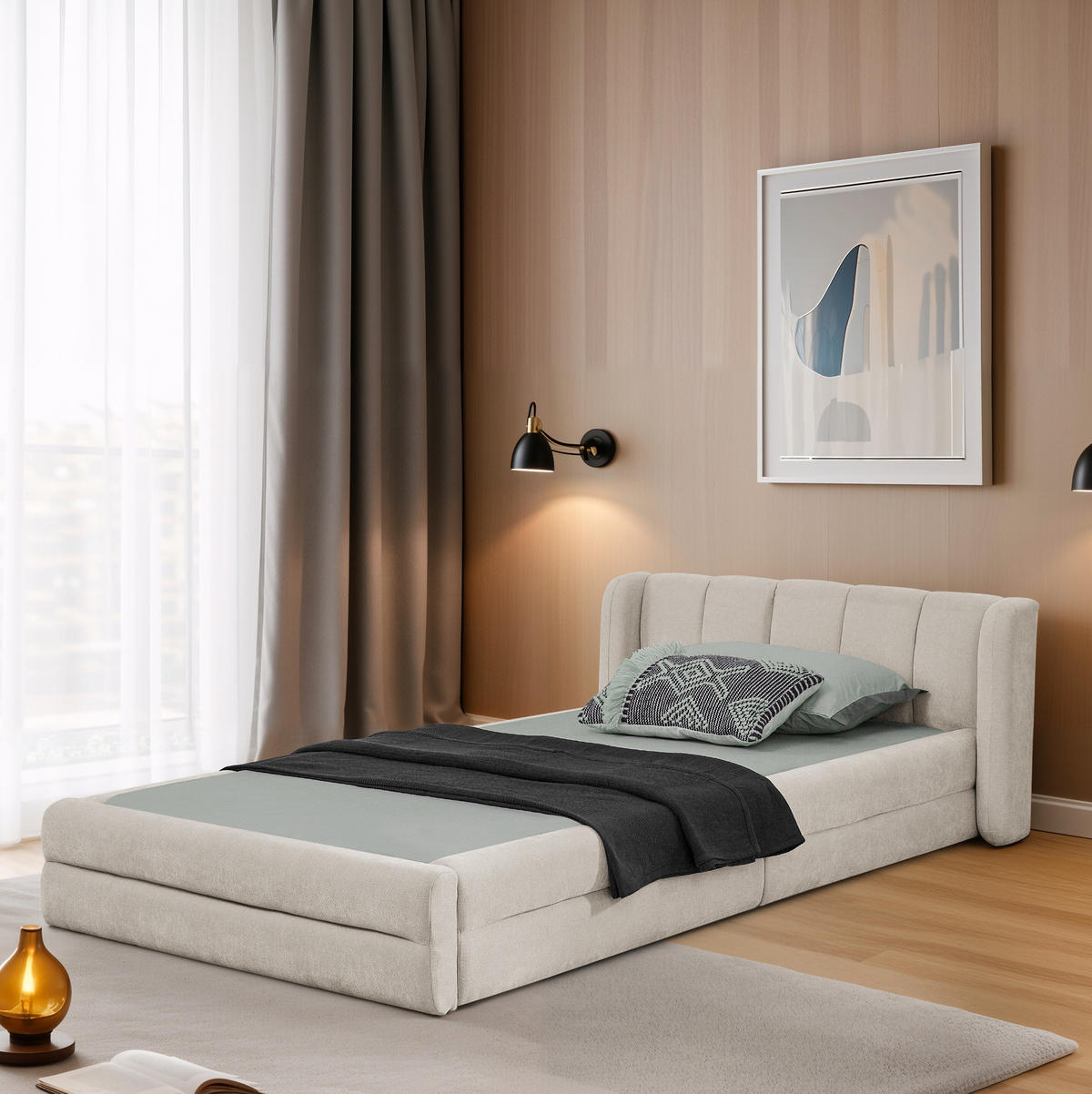 POLSTERBETT 90/200 cm mit ergonomischem Kopfteil und Chenillebezug, Beige - Beige, Kunststoff (90/200cm) - Redom