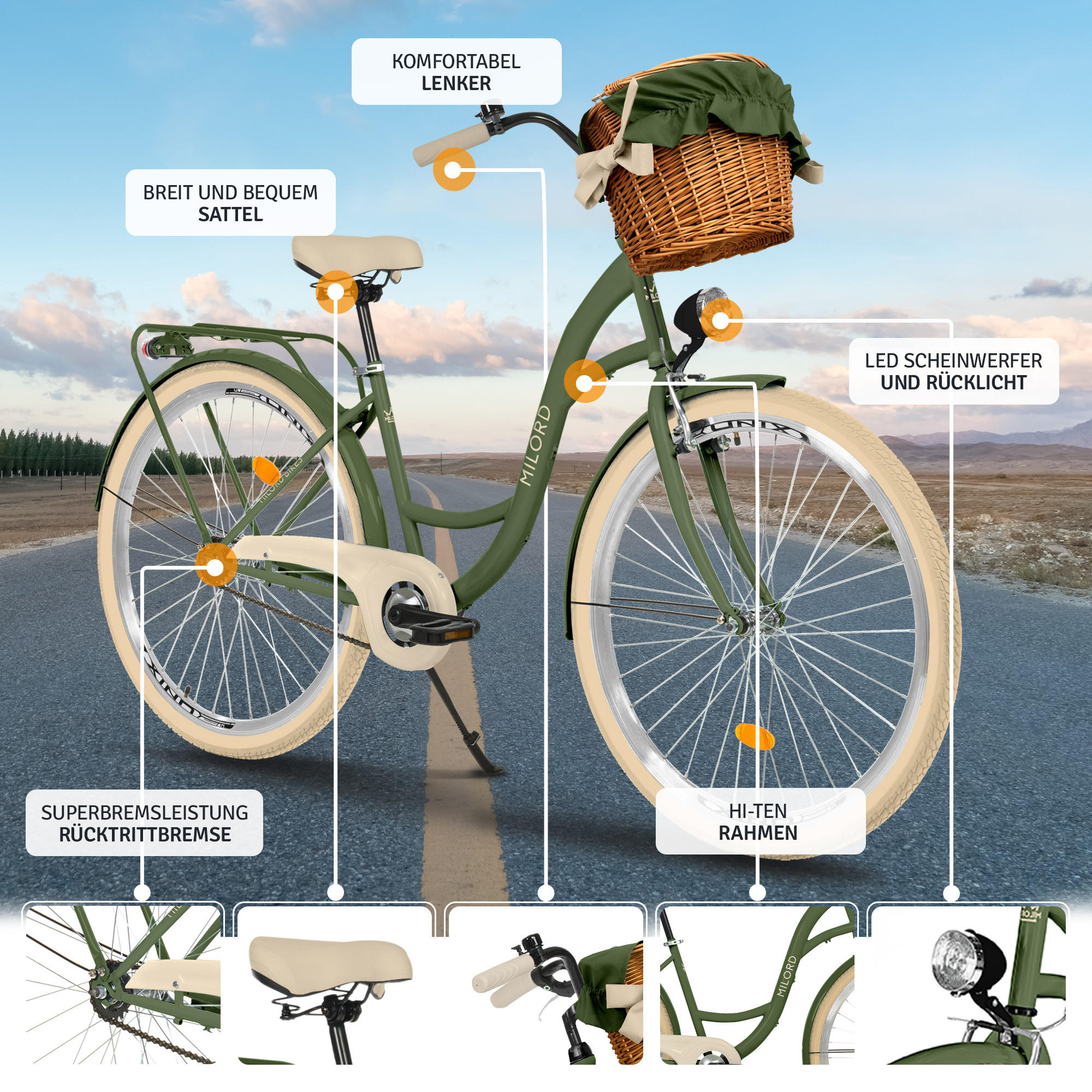 CITY-FAHRRAD Milord mit Weidenkorb, 26 Zoll, Khaki, 1-Gang - Grün, Metall (46cm) - Milordbikes