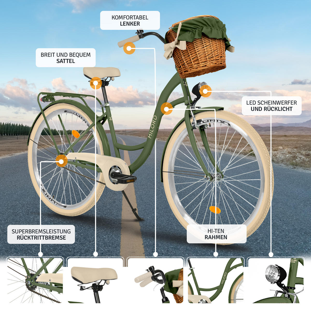 CITY-FAHRRAD Milord mit Weidenkorb, 26 Zoll, Khaki, 1-Gang - Grün, Metall (46cm) - Milordbikes