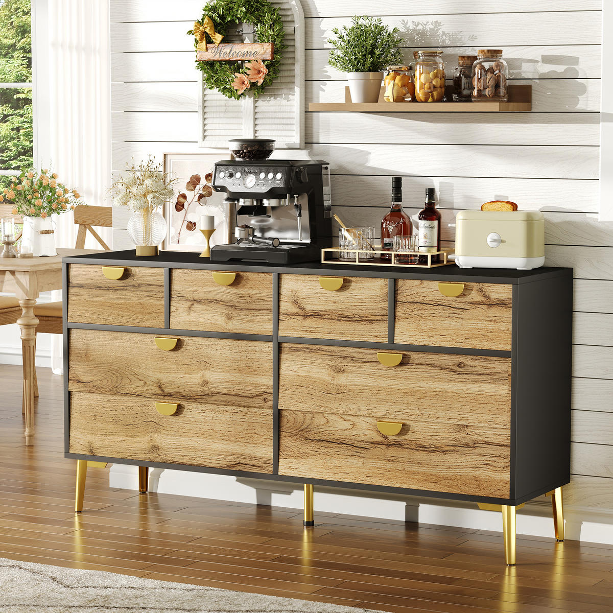 SIDEBOARD mit 8 Schubladen Brown und Black 150/40/78 cm - Braun, Holz (40/78/150cm) - Urban Meuble