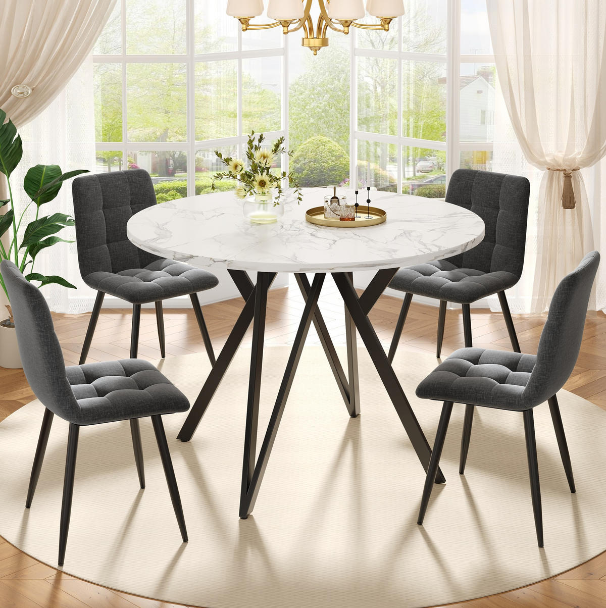 ESSTISCH Rund 100/100/76 cm Schwarz aus MDF in Marmoroptik mit Metallgestell - Schwarz, Holzwerkstoff (100/100/76cm) - OKWISH