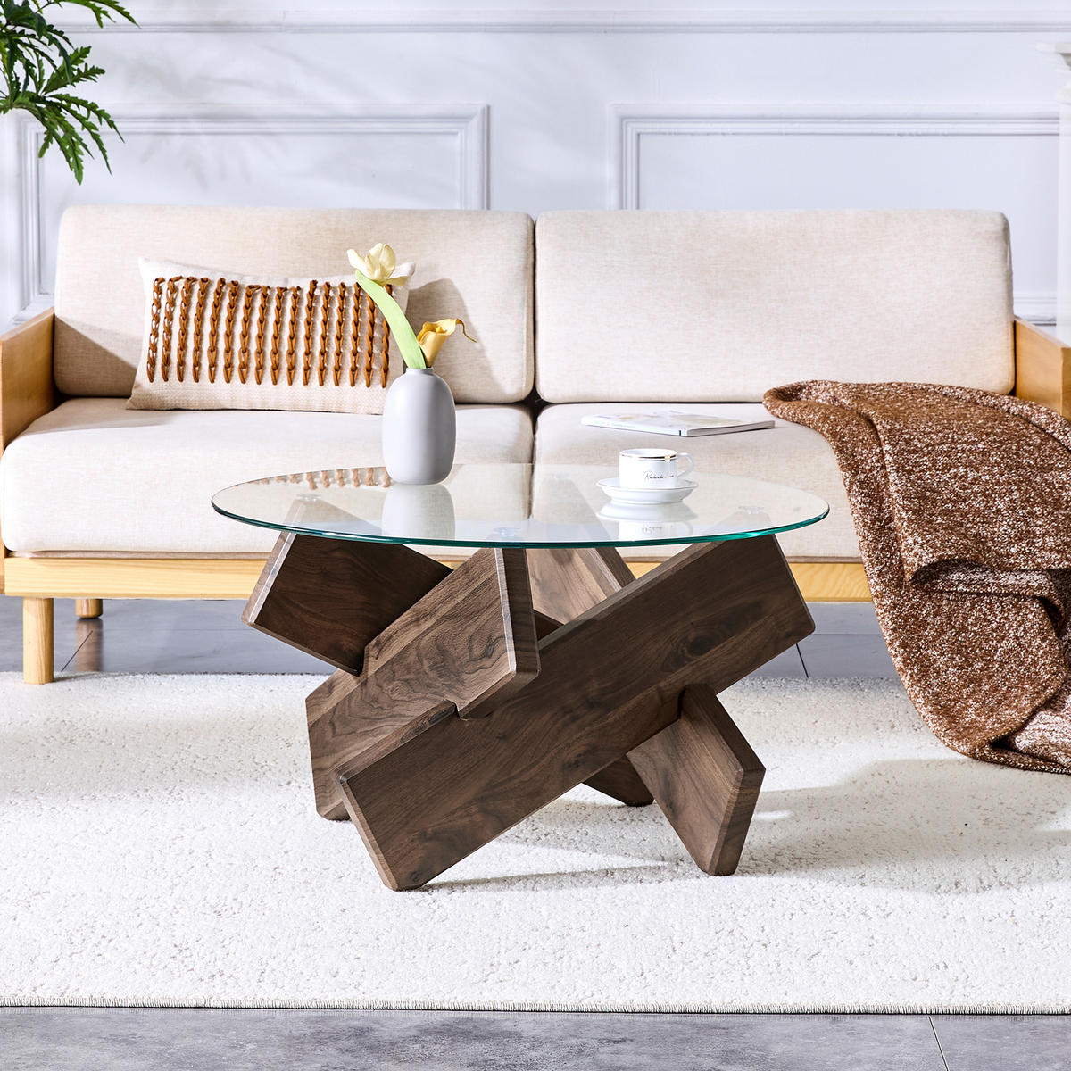 COUCHTISCH 79 cm Transparent aus MDF mit Walnussholz Korpus und Glasplatte - Klar, Holzwerkstoff (79/79/45cm) - OKWISH