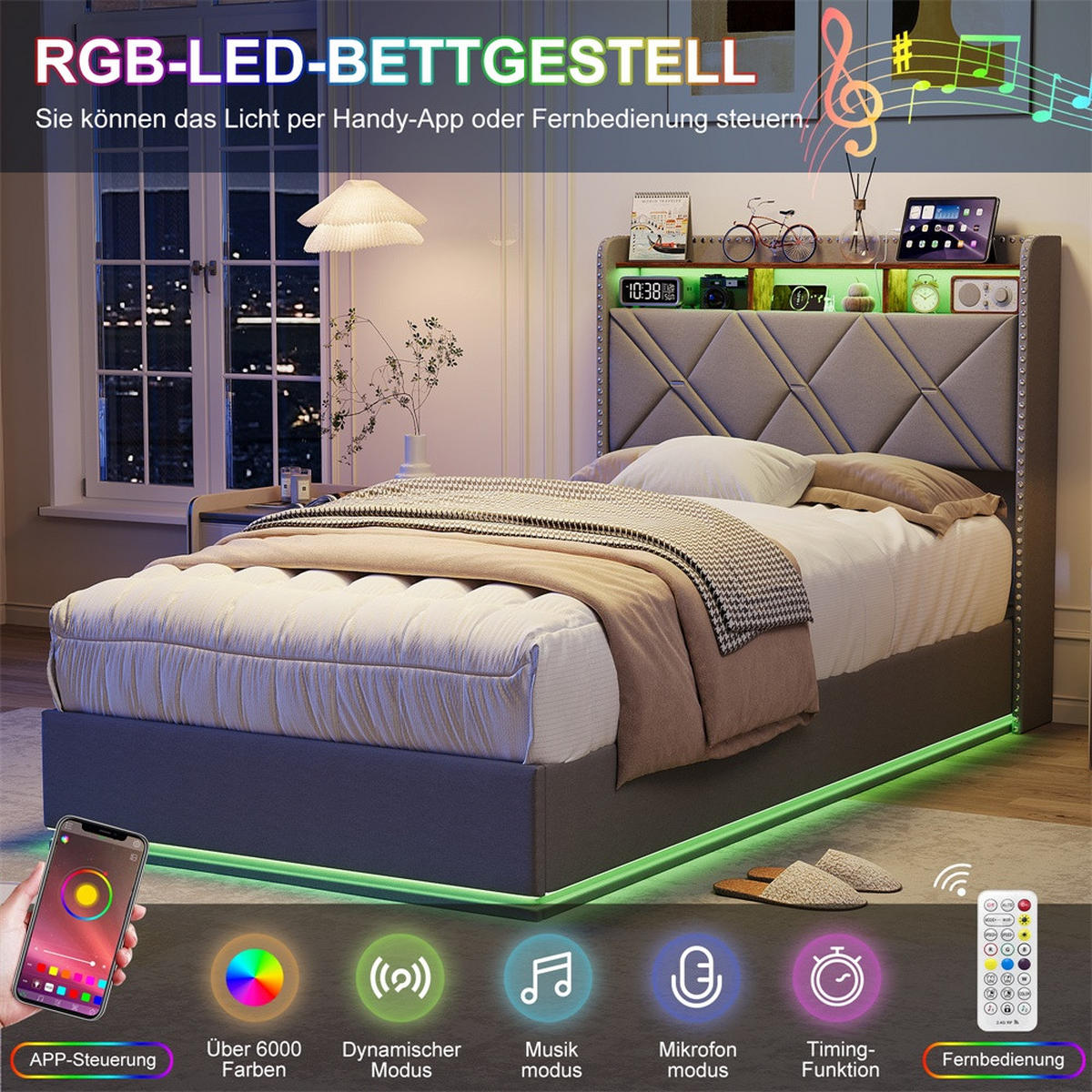 POLSTERBETT 140x200cm mit hydraulischer Hebefunktion - USB Type-C und LED-Beleuchtung - ohne Matratze - Grau - Grau, Textil (140/200cm) - DELFA