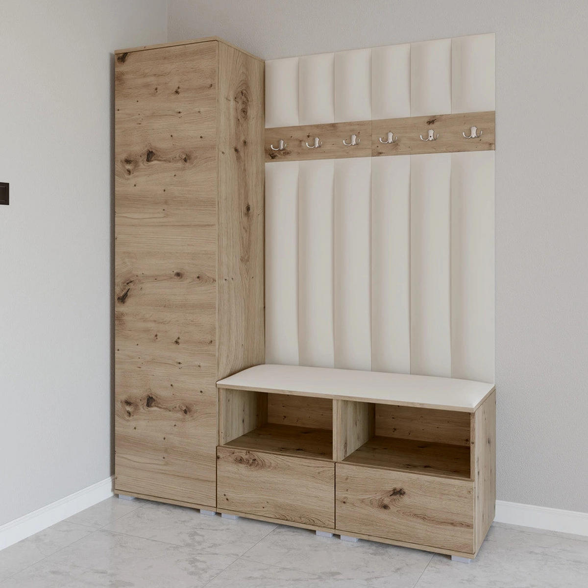 GEPOLSTERT Garderoben-Set Nela II LUX (Farbe Eiche Artisan + Stoff Trinity 01) - Silberfarben/Creme, Holz/Holzwerkstoff (150/187/40cm) - Ravio