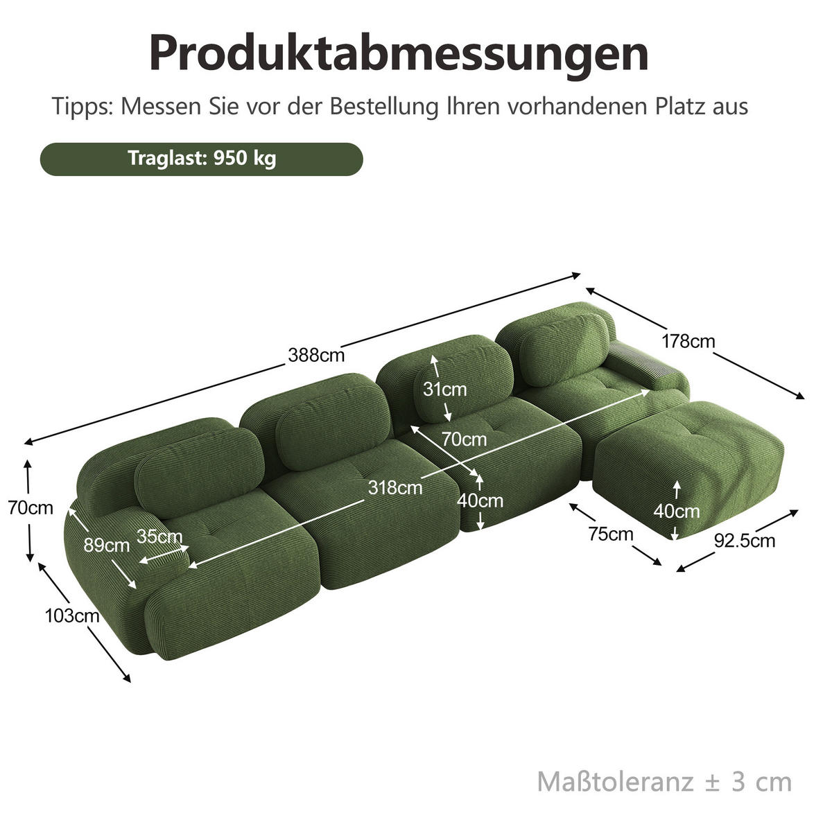 ECKSOFA in Grün mit Chaiselongue und Cordbezug - Grün, Textil (178/388cm) - Flora Grace