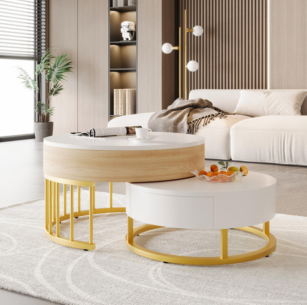 COUCHTISCH 2er-Set rund höhenverstellbar MDF Weiß Gold - Weiß, Holz (70/70/56cm) - Meubliv