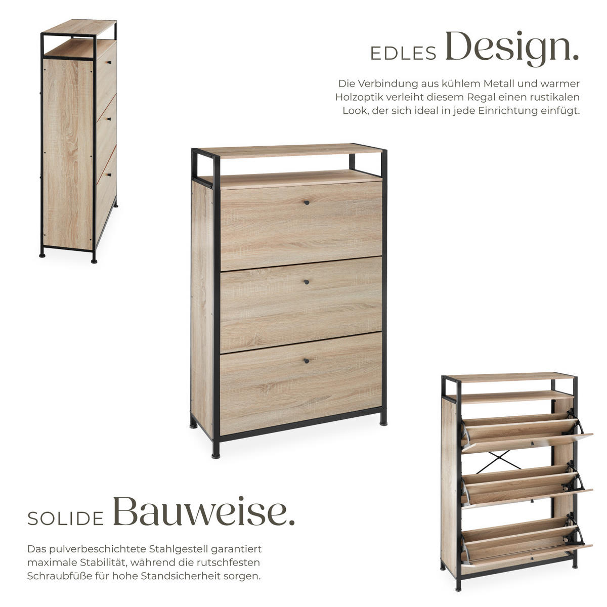 SCHUHSCHRANK Buffalo,inklusive Kippschutz, 81 x 32 x 130 cm,Industrial Holz hell, Eiche Sonoma - Naturfarben, Holzwerkstoff (32/130/81cm) - tectake