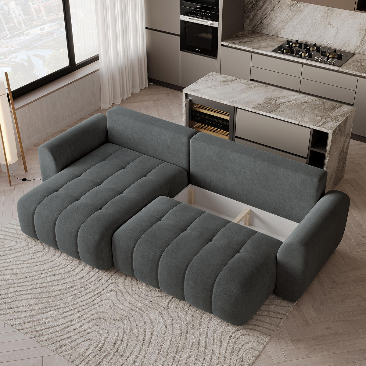 ECKSOFA MODARO CL Grau Samtstoff mit Schlaffunktion - Grau, Holzwerkstoff/Textil (285/148cm) - MASSENO