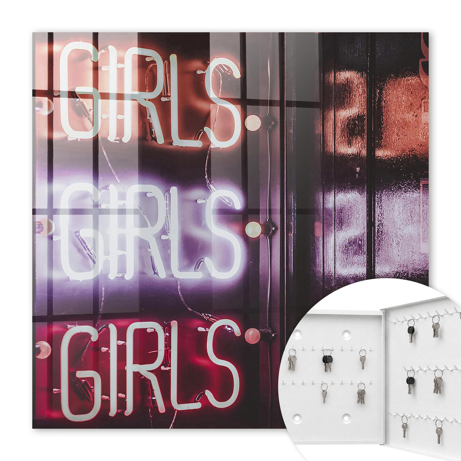 SCHLÜSSELBOX Weiß 30x30 cm – Türöffnung nach rechts - Neoninschrift - Lila, Metall (30/30/5cm) - TULUP