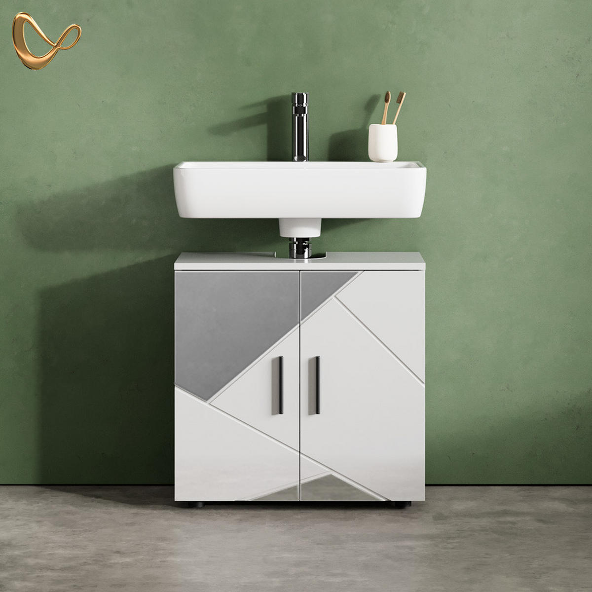 WASCHBECKENUNTERSCHRANK Ronco Weiß Hochglanz mit Einsätzen 60 x 59 cm - Weiß Hochglanz/Grau, Holzwerkstoff (60/59/30cm) - Livinity®