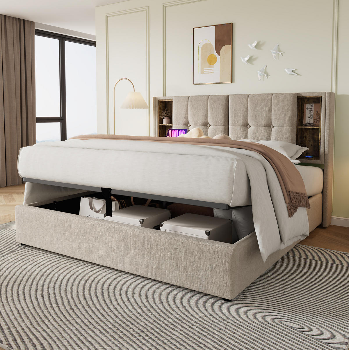 ČALOUNĚNÁ postel 180x200 cm přírodní z lnu s bezdrátovým nabíjením, USB a úložným prostorem - přírodní, textil (180/200cm) - OKWISH