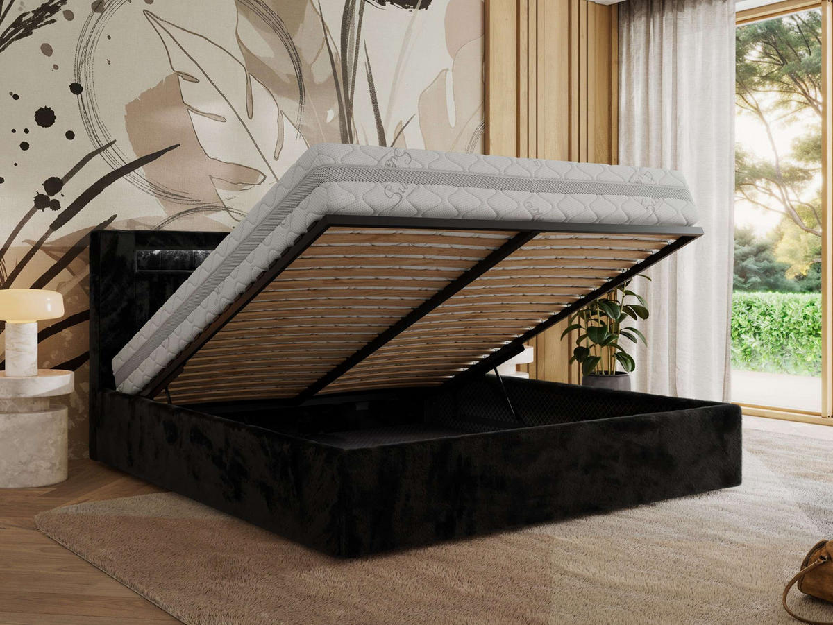 POLSTERBETT GOLD 5 CLASSIC 200/200 - Schwarz Plüsch - ohne Matratze - Schwarz, Textil (200/200cm) - MKS
