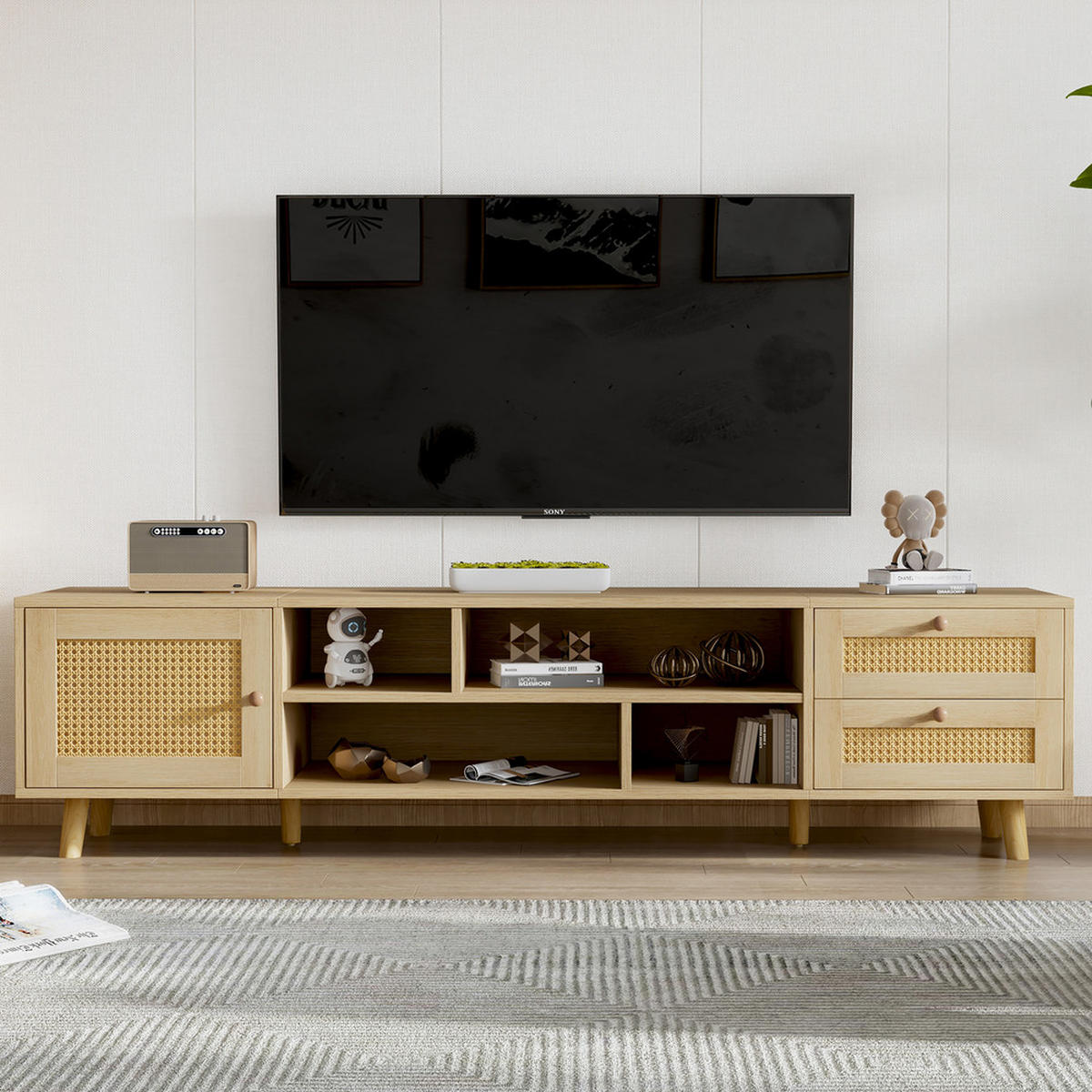 TV-SCHRANK 160cm Holzfarbe Rattan 2 Schubladen 1 Tür bis 70 Zoll - Braun, Holz (45.5/13.5/93cm) - FLIEKS