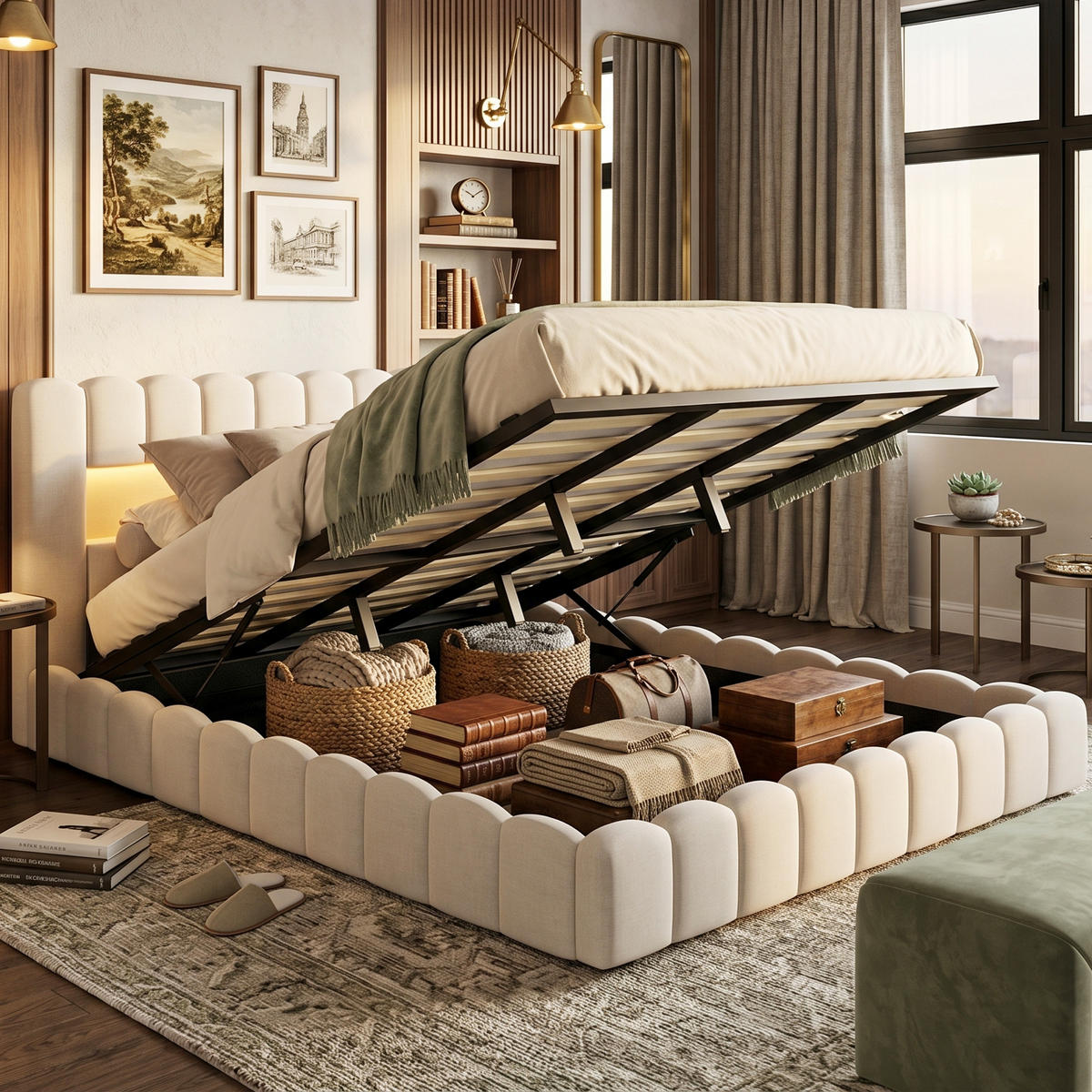 POLSTERBETT Modern 180/200 cm mit Bettkasten LED & USB Leinenoptik Beige - Beige, Textil (180/200cm) - Creahappy