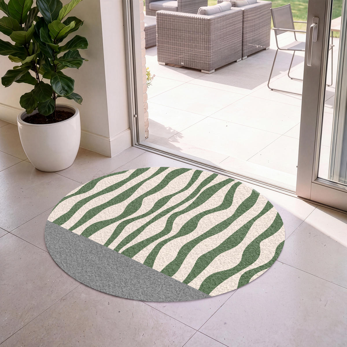 FUSSMATTE Wellenlinien - Beige - Grün - Streifen - Abstrakt Fußabtreter 120x120 cm - Dunkelgrün, Kunststoff (120/120cm) - MuchoWow