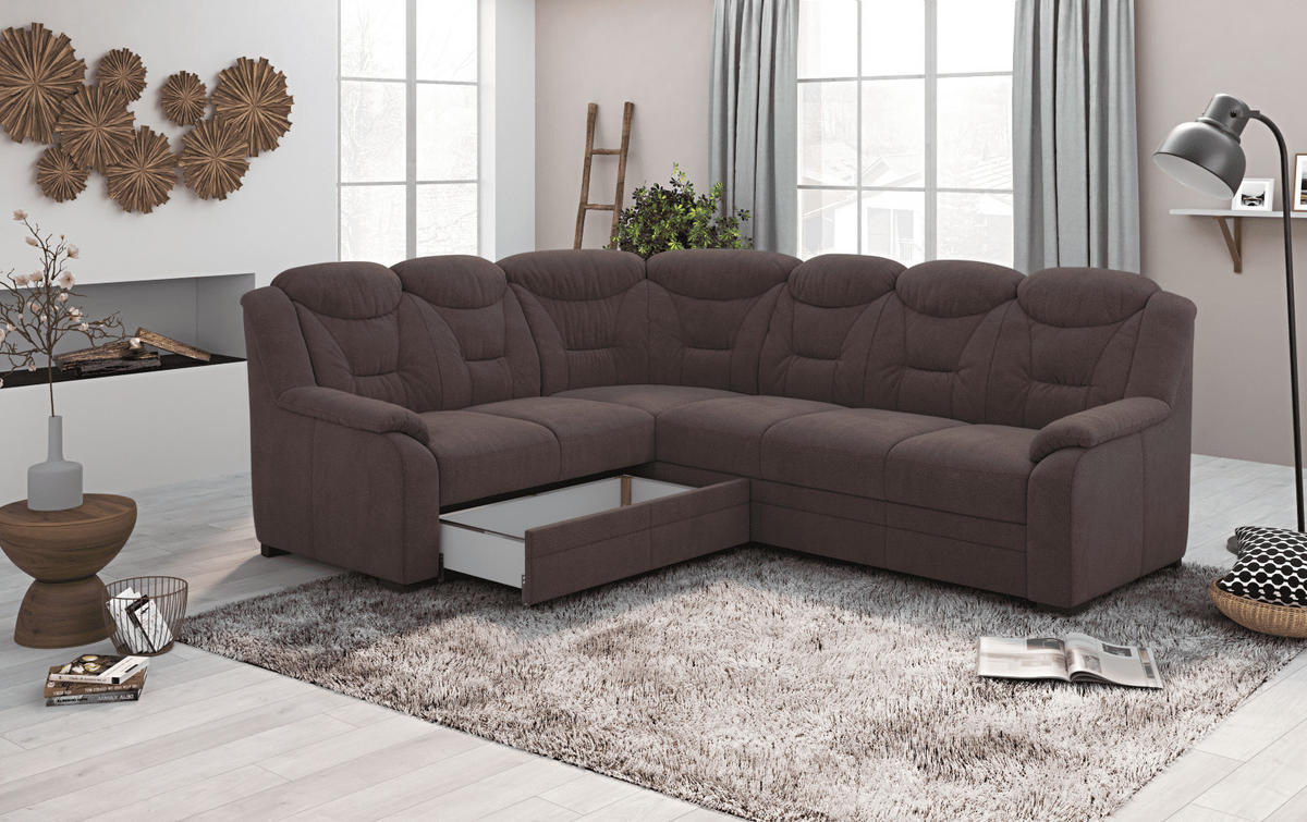 ECKSOFA mit Schlaffunktion und Bettkasten – weiches Chenille-Gewebe - Rotbraun/Dunkelbraun, Holz/Kunststoff (263/211cm) - Cotta
