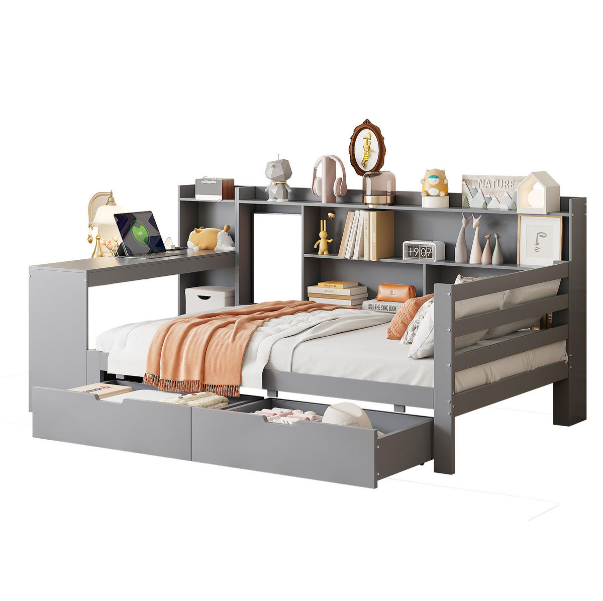 BETT 90/200 cm aus Holz in Grau mit Schreibtisch, Regalen und Steckdose - Grau, Holz (90/200cm) - Flora Grace