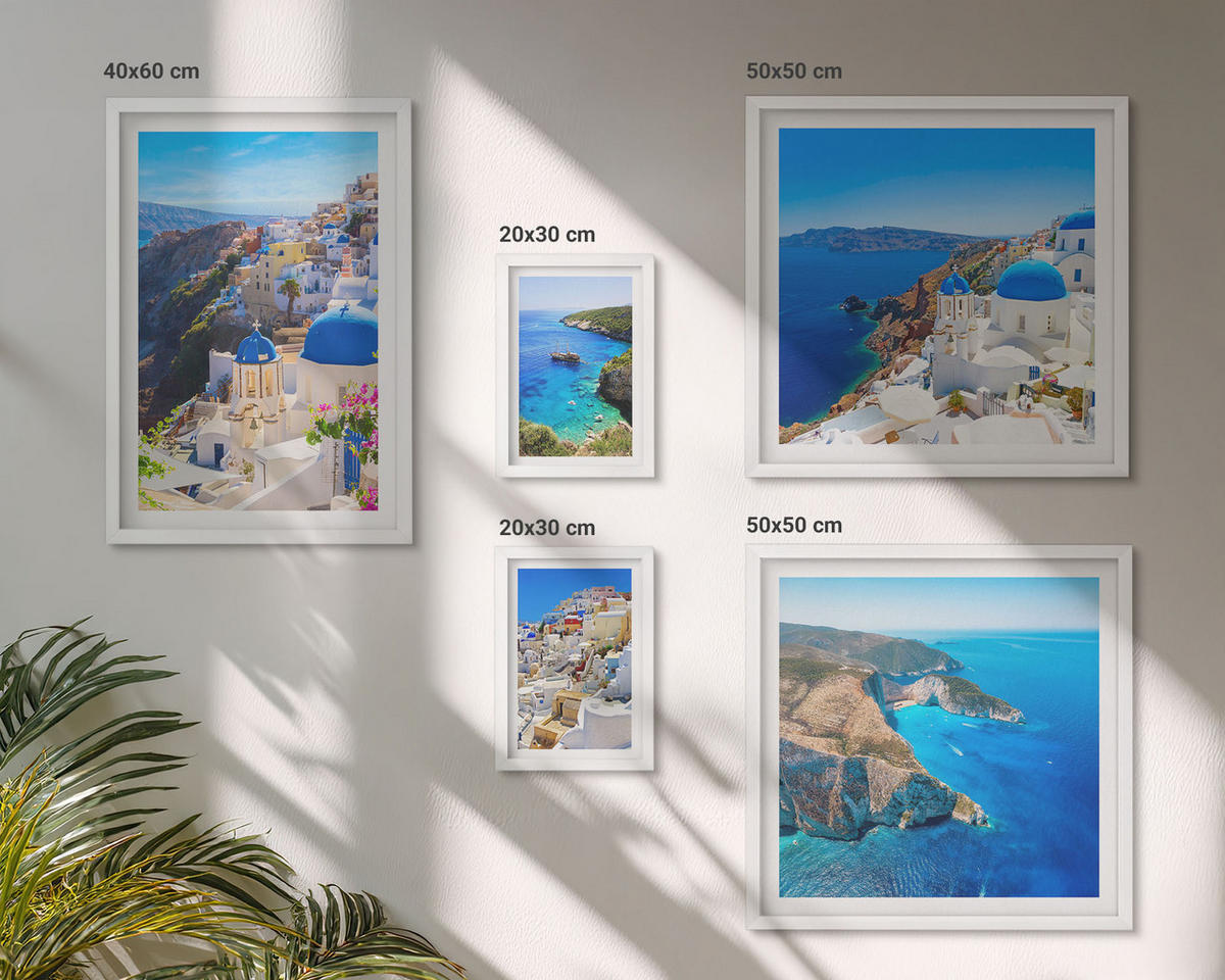 BILDER SET 5er Set - 50x50 cm & 20x30 cm & 40x60 cm Weißer Rahmen - Architekturlandschaft Oia Santorin Griechenland - Weiß, Kunststoff (40/60cm) - TULUP