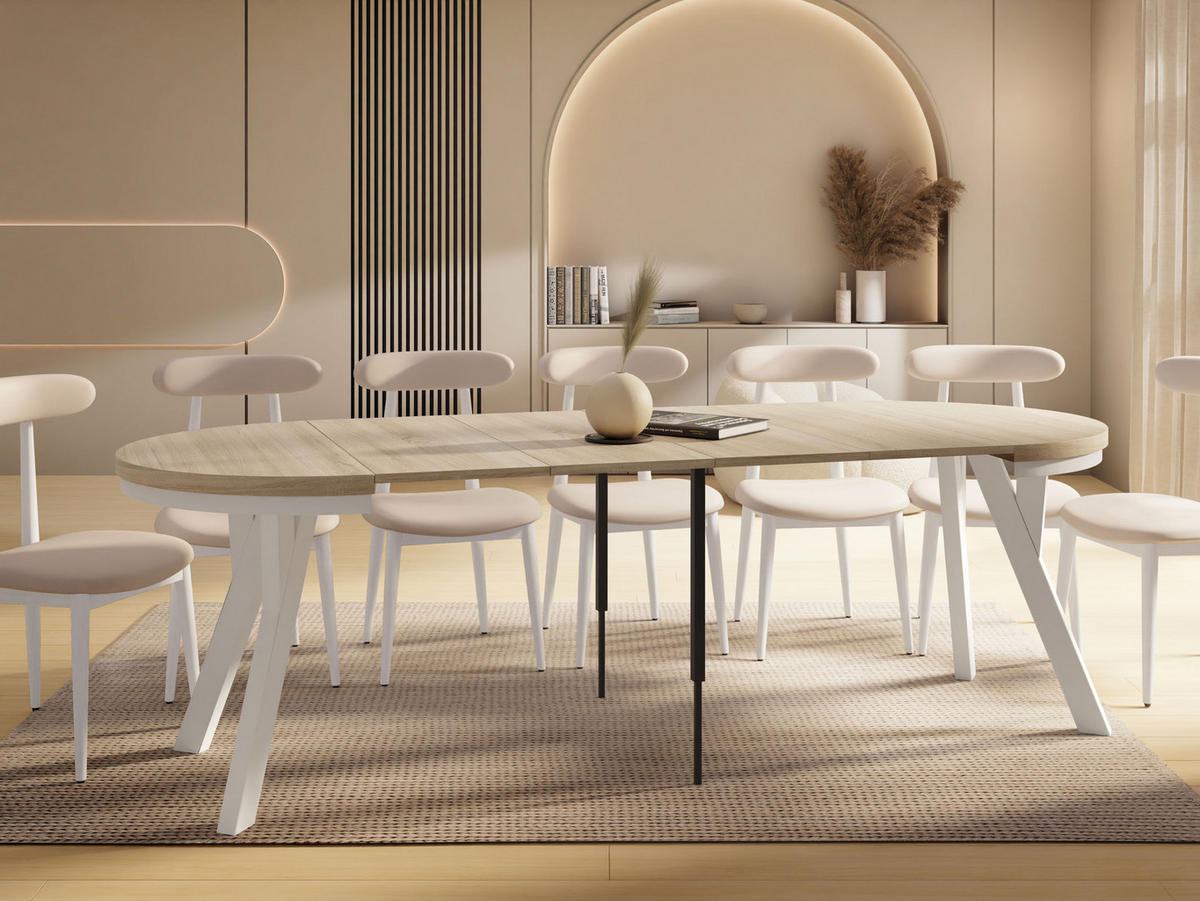 ESSTISCH Vero Neo Weiß rund ausziehbar verlängerbar, Eiche Sonoma Hellbraun 100-300/100/77 cm - Weiß/Sonoma Eiche, Holz/Holzwerkstoff (100/100/77cm) - WFL GROUP