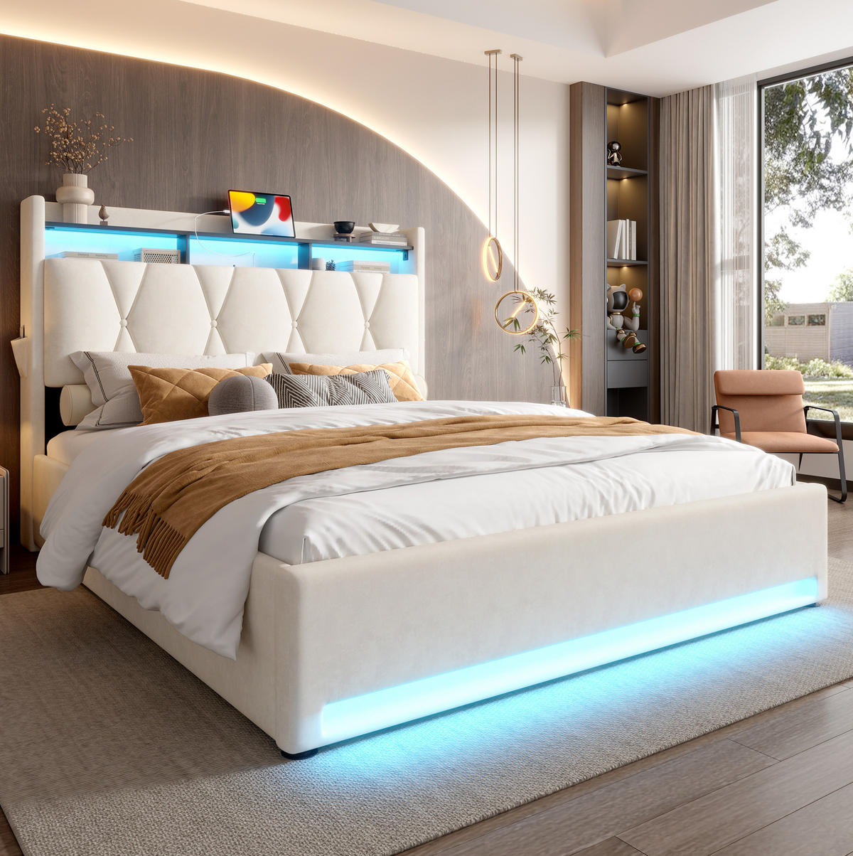 ČALOUNĚNÁ postel 140/200 cm se sametem, LED osvětlením, USB-C a úložným prostorem, Béžová - béžová, textil (140/200cm) - Redom
