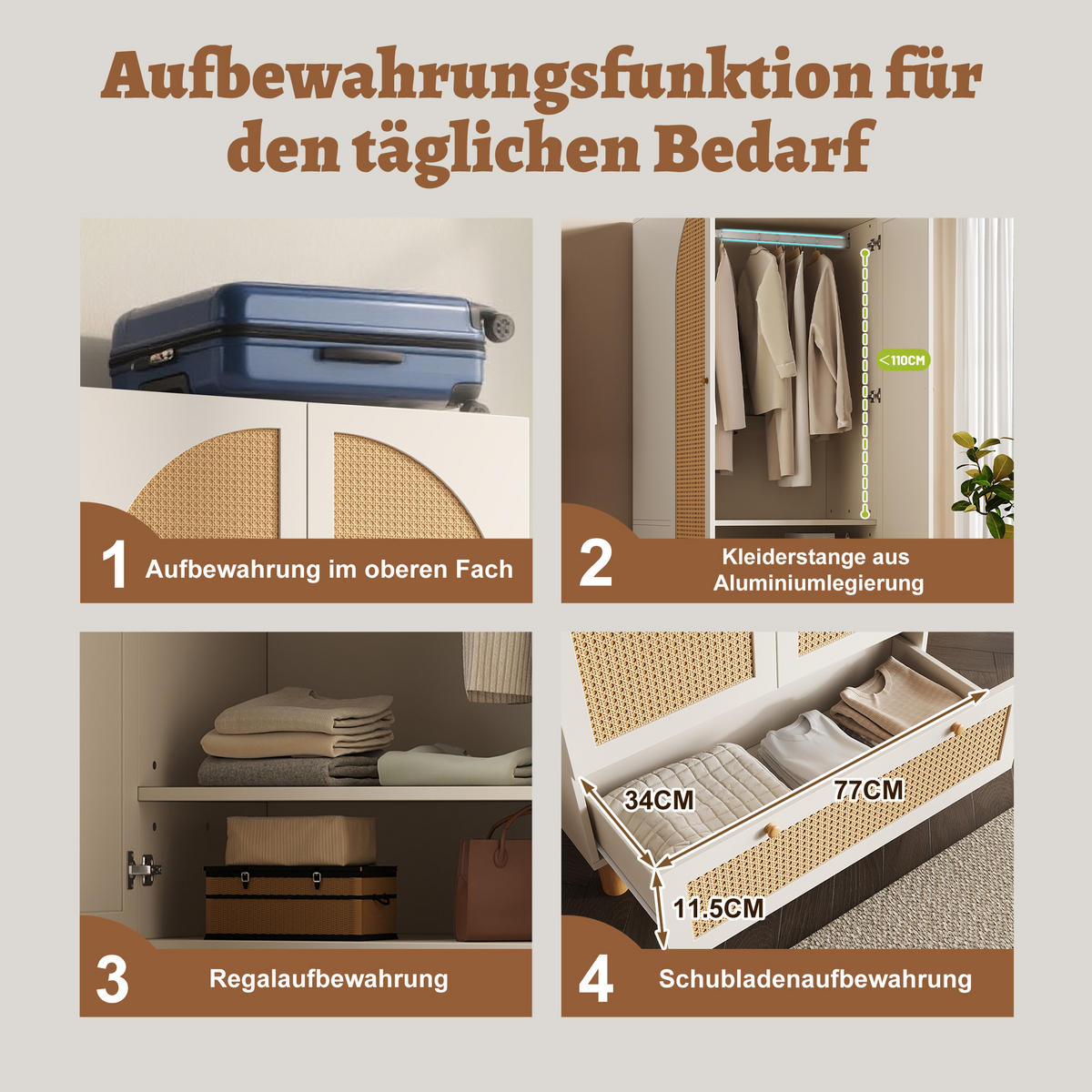 KLEIDERSCHRANK Weiß mit Rattan & Schublade Landhausstil 180×85×52 cm - Weiß, Holzwerkstoff (85/181/52cm) - Urban Meuble