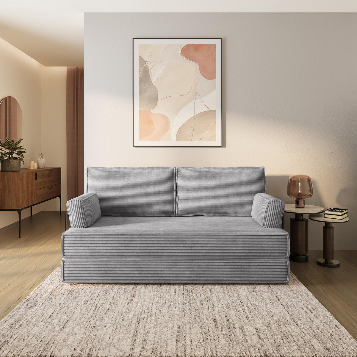 BETTSOFA SILAR aus Schaumstoff Cordstoff Hellgrau Schlaffunktion - Hellgrau, Textil (170/86/80cm) - MASSENO