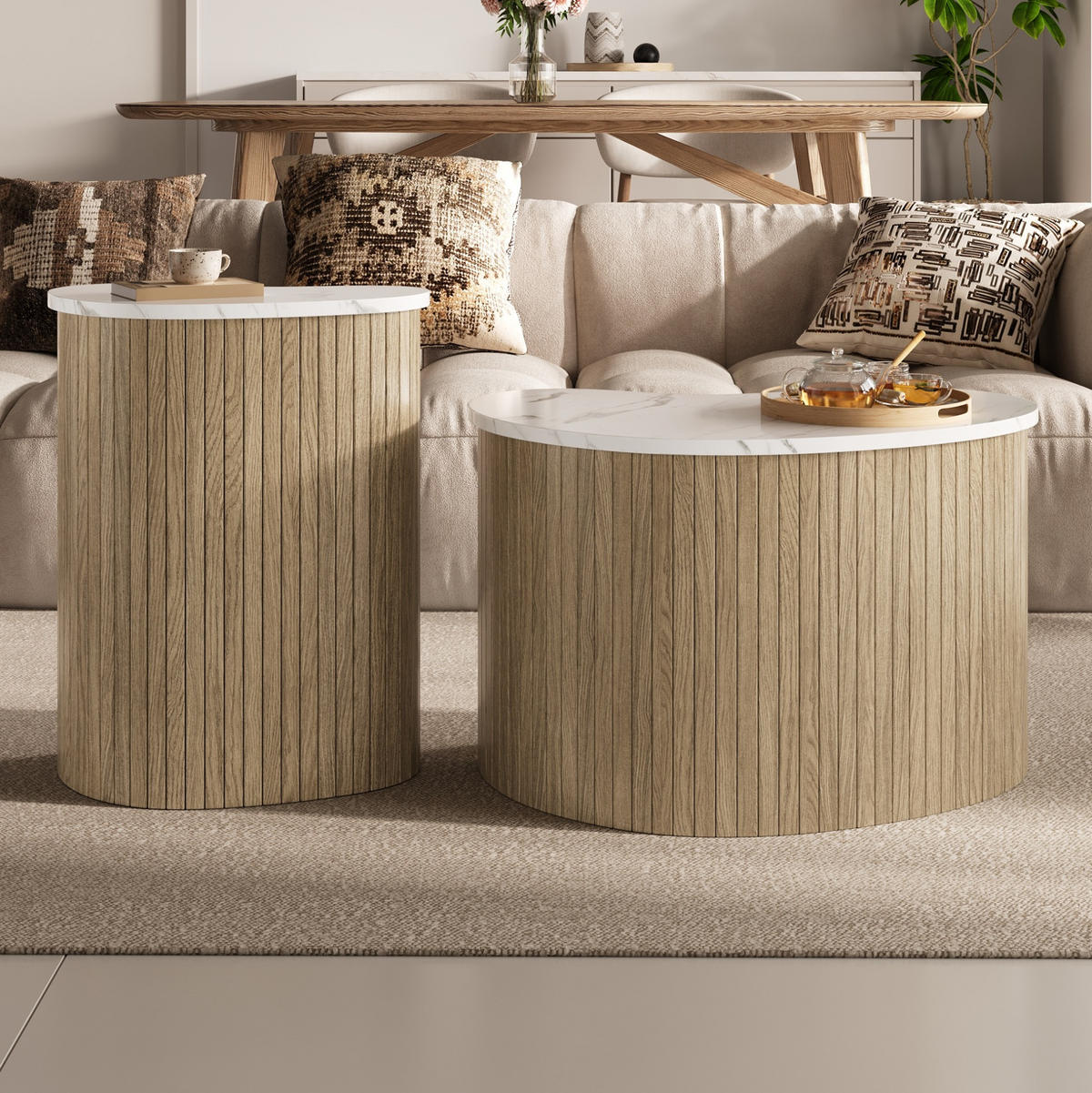COUCHTISCH 2er-Set geschwungen MDF Natur/Weiß - Weiß, Holz (60/60/38cm) - Meubliv