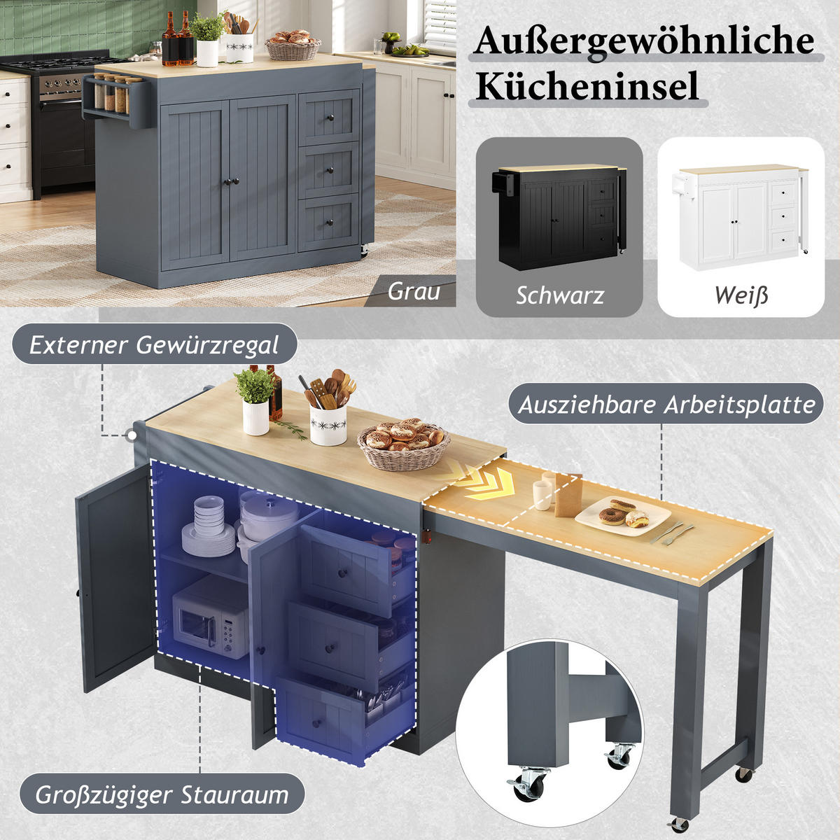 KÜCHENINSEL auf Rollen mit Gewürzregal und Schubladen, Grau - Grau, Holzwerkstoff (130/93/45cm)