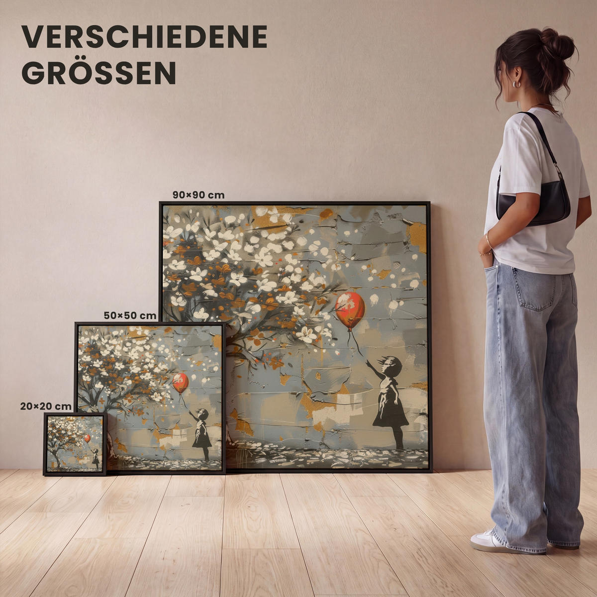 LEINWAND Bilder mit Rahmen - Baum - Graffiti - Banksy-Stil - Ballon-Mädchen - 90x90 - Blaugrau, Textil (90/90cm) - MuchoWow