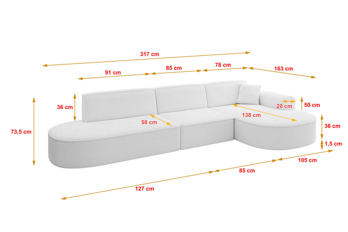 ECKSOFA Ottomane Rechts MARI-L2 - 317x163x73,5 cm Weiß Bouclé - Schwarz/Weiß, Holzwerkstoff/Kunststoff (317/163cm) - ALTDECOR