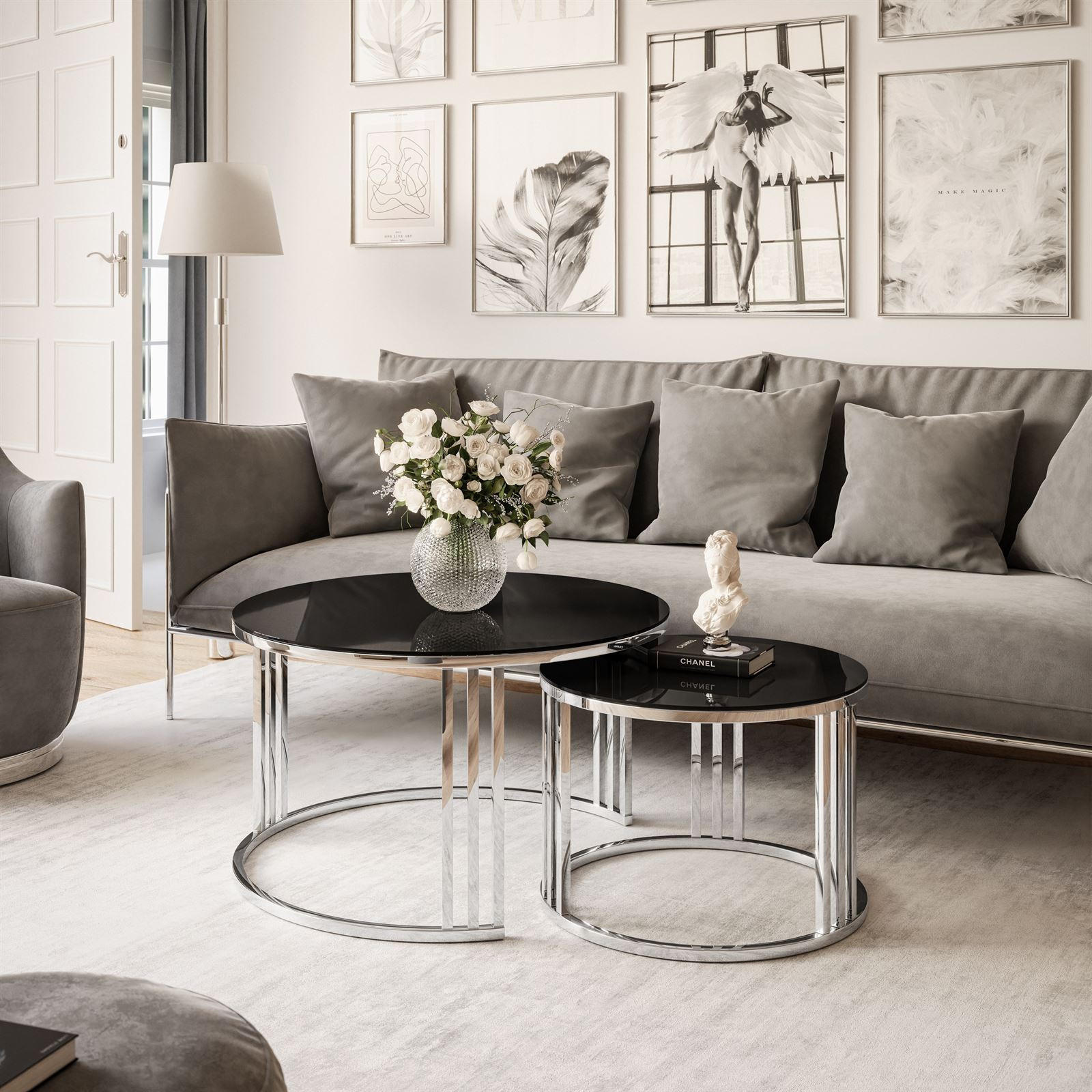 COUCHTISCH 2 in 1 LORI GLASS verchromt silber - Silberfarben/Schwarz, Glas (70/70/48cm) - Lookway