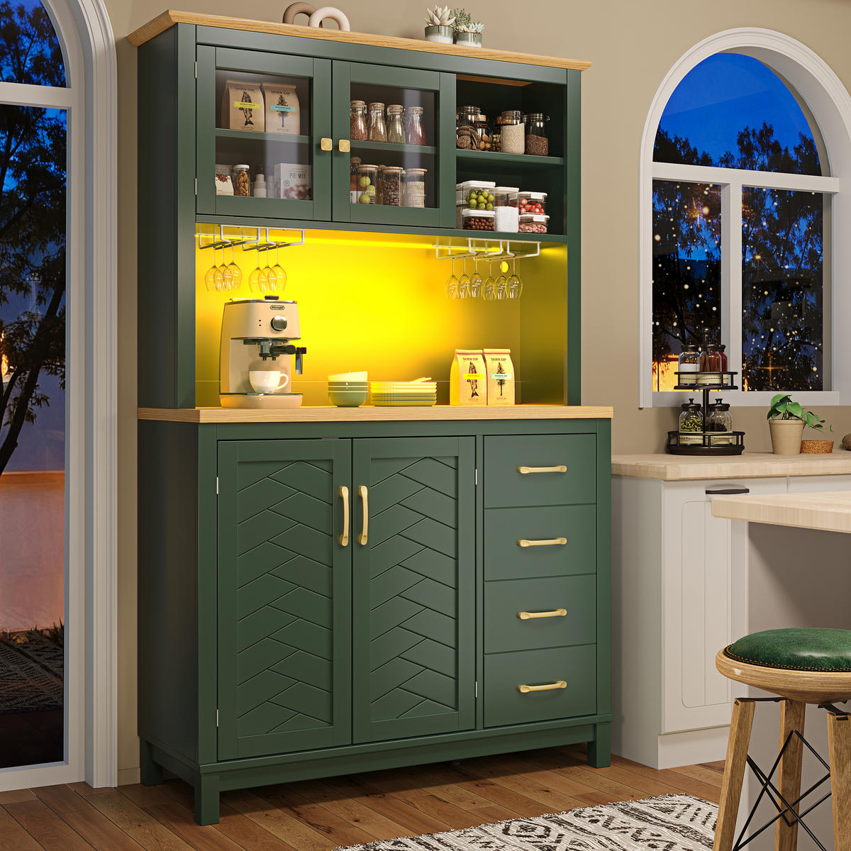 BUFFETSCHRANK 105,5/40/180 cm grün aus MDF mit LED-Lichtleiste - Grün, Holzwerkstoff (105.5/180/40cm) - OKWISH