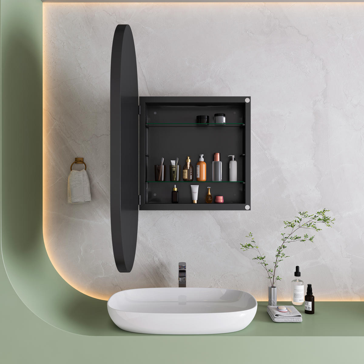 SPIEGELSCHRANK oval mit schwarzem Metallrahmen – Wandschrank mit Spiegel & verstellbaren Ablagen, für Bad, Wohn- & Schlafzimmer - Schwarz, Metall (51.5/12/85cm) - Ej. Life